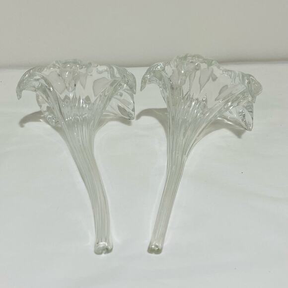 Clear Art Glass Flower Two Handmade Blown Large Textured Shapely Floral Stems - Picture 3 of 10